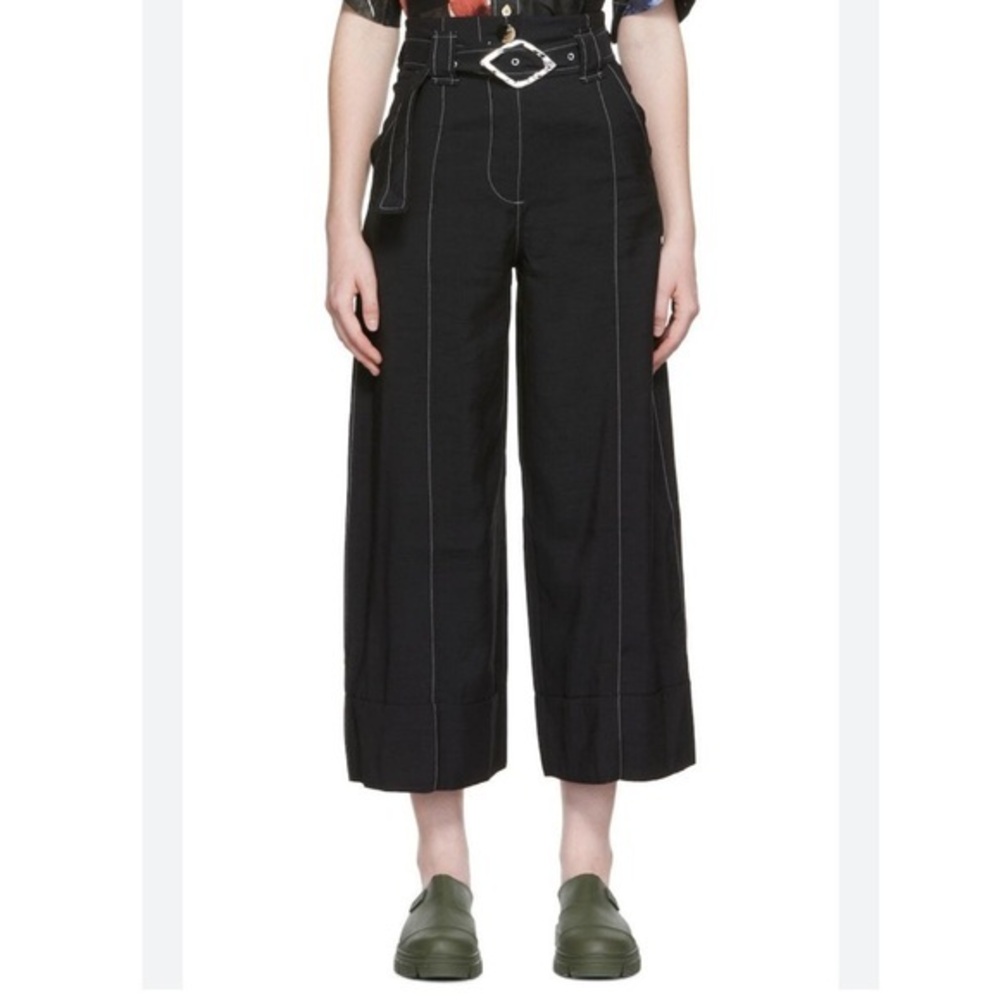 Ganni Trouser Cropped Wide-Leg in Black with White Trim